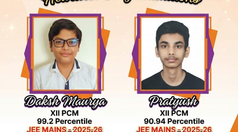 JEE परिणाम: गोयल कैम्पस के छात्रों का उत्कृष्ट प्रदर्शन – दक्ष (99.2%) और प्रत्युष (90.44%) बने टॉपर